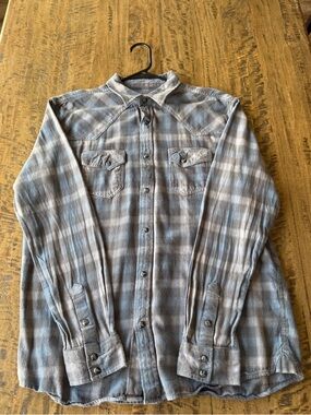 Blue Ranchwear Plaid Button Up Shirt Men’s Medium Western Gray Snap Flannel